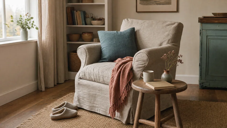 A linen armchair, teal cushion and terracotta throw in a lived-in room.
