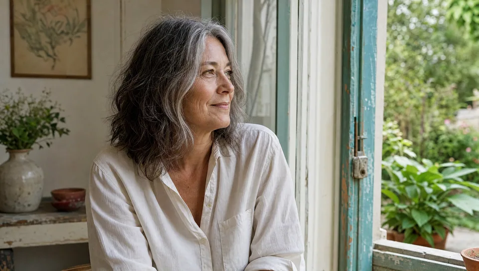 A woman with naturally silver hair sits beside a sunny garden window.