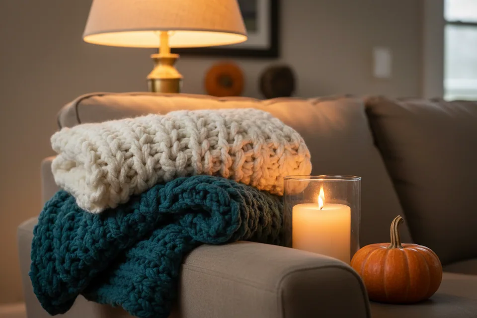 Texture does most of the work: knits, candlelight, one pumpkin