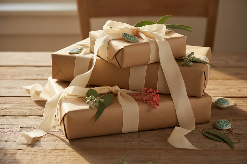 Kraft paper, ribbon, greenery — wrapping that never misses