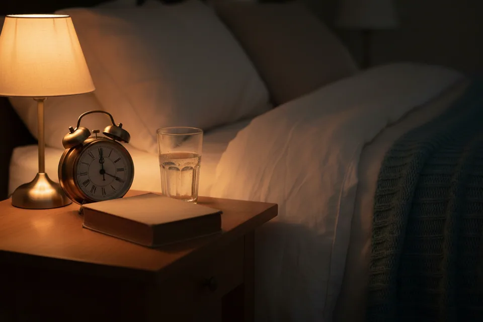 The bedside setup that helps: warm light, water, a book