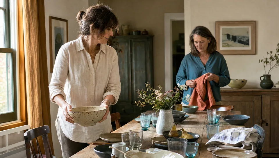 Two women share the work of setting a relaxed dining table.