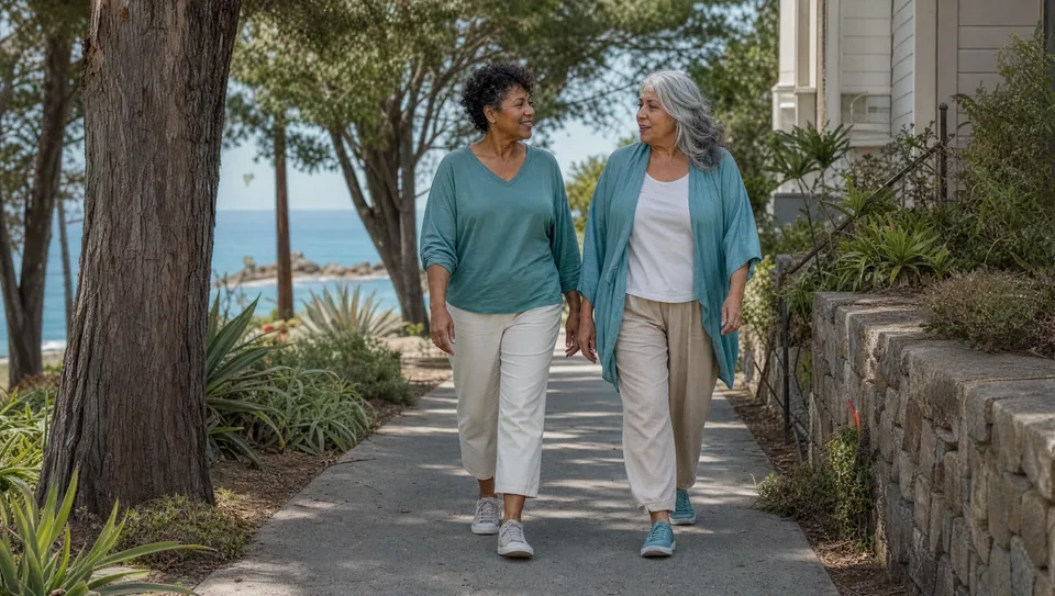 Two friends walk and talk along a leafy coastal path.